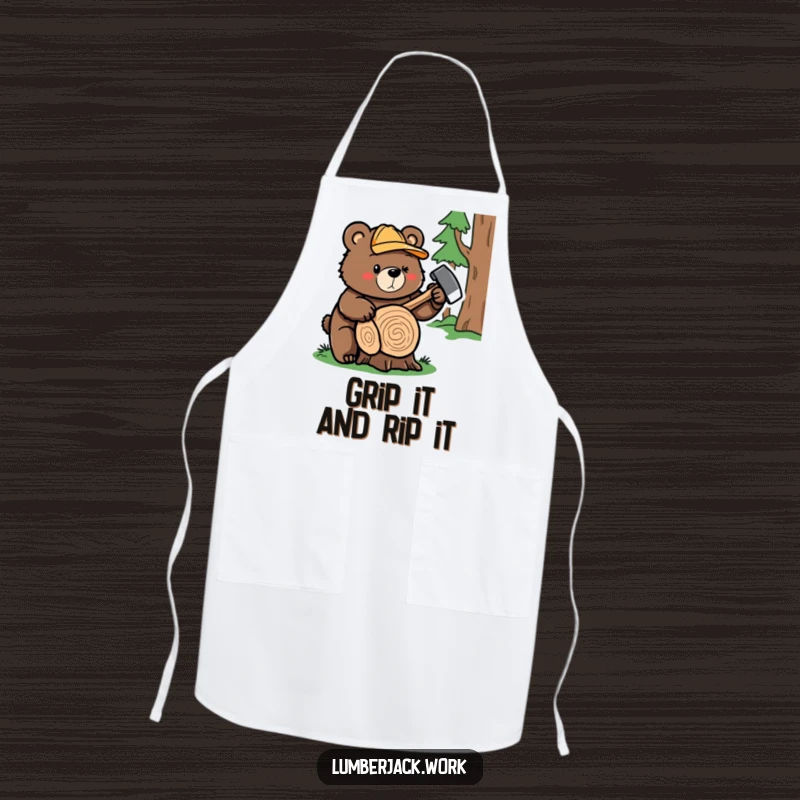 Funny bear lumberjack apron, a cute bear character with an axe, ready for culinary adventures with a humorous twist.