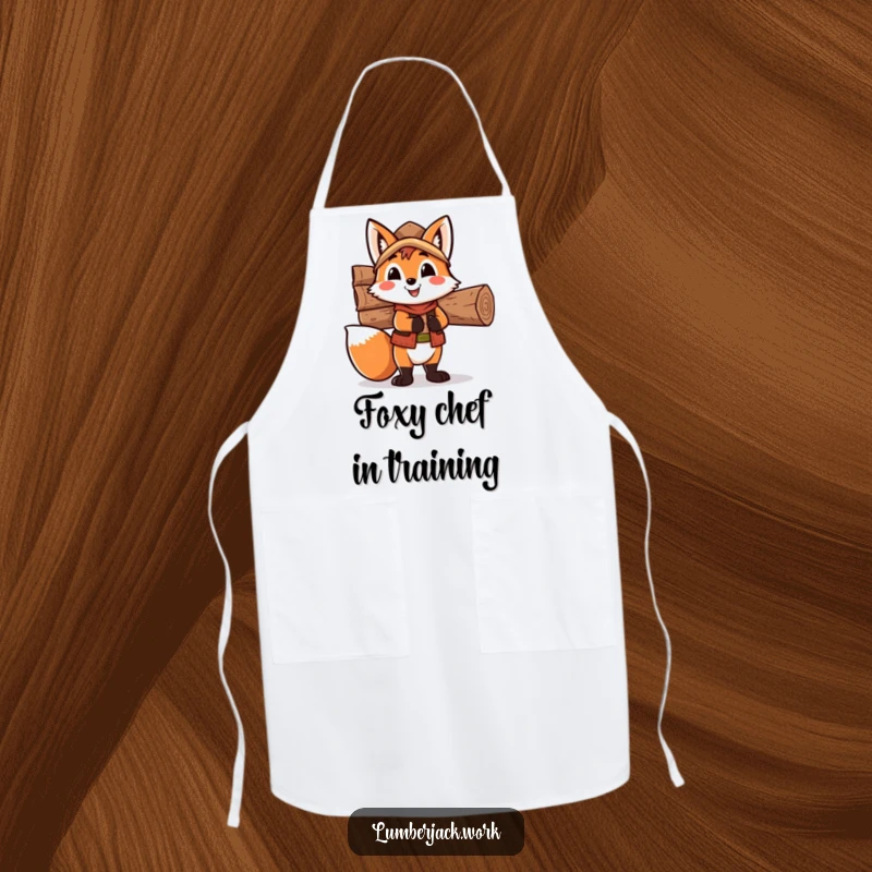 Funny fox lumberjack apron, a happy fox character loaded with firewood, ready for kitchen tasks with a humorous flair.