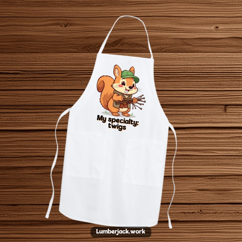 Funny squirrel lumberjack apron, a cheerful squirrel carrying twigs, bringing humorous energy to kitchen tasks.
