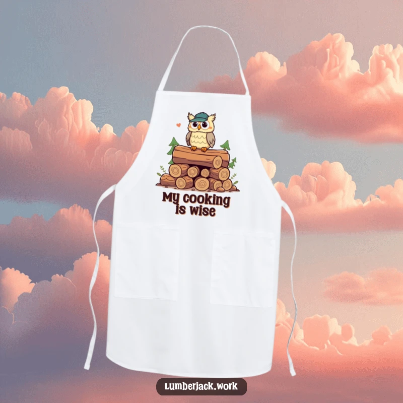 Funny owl lumberjack apron, a playful owl character on logs, hooting with wisdom, adding humorous flair to kitchen tasks.