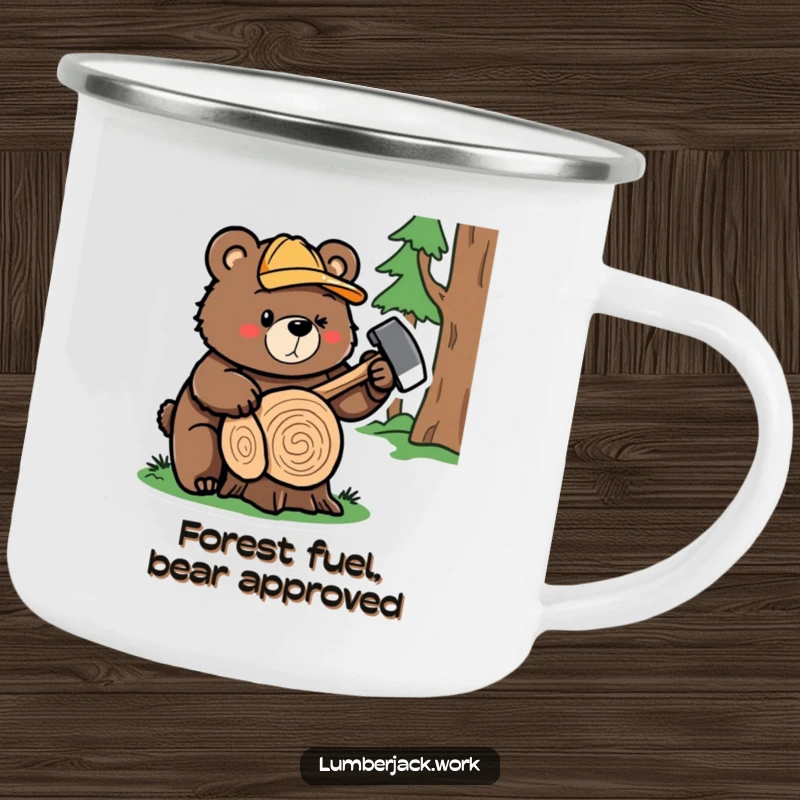 Funny bear lumberjack camping mug, showcasing a cute bear character chopping wood, perfect for rugged adventures and humor.