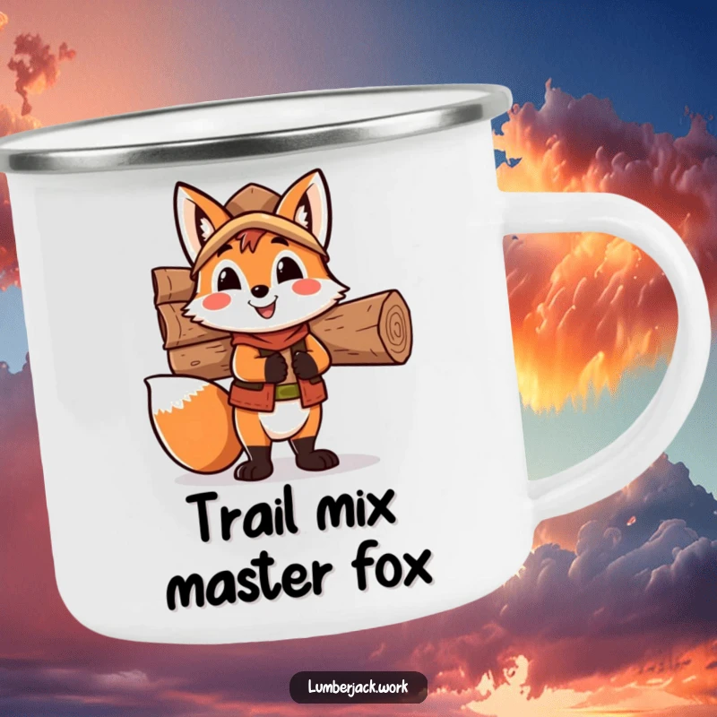 Funny fox lumberjack camping mug, a happy fox character carrying wood, perfect for outdoor adventures and humorous enjoyment.