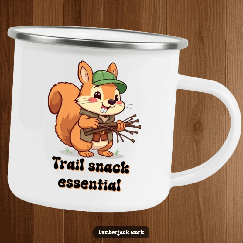 Funny squirrel lumberjack camping mug, a cheerful squirrel with twigs, perfect for outdoor adventures and humorous enjoyment.