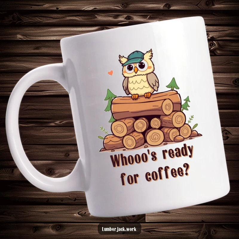 Funny owl lumberjack mug, a playful character perched on logs, hooting with a comical expression, ready for morning brews.