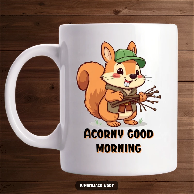 Funny squirrel lumberjack mug, a cheerful character carrying a small bundle of twigs, embodying busy woodland humor.