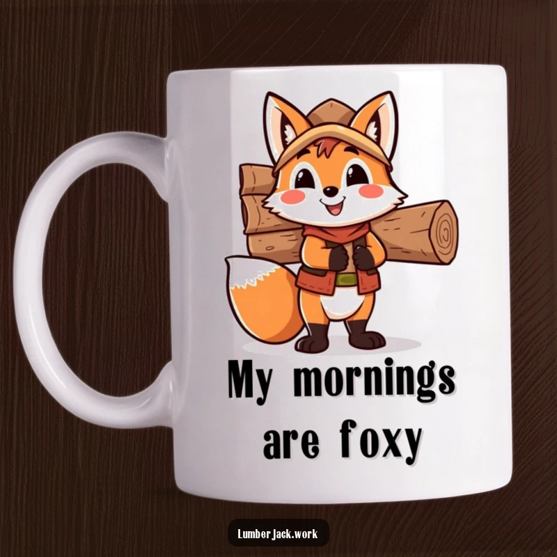 Funny fox lumberjack mug, a happy character balancing a huge stack of felled wood on its back with a determined grin.