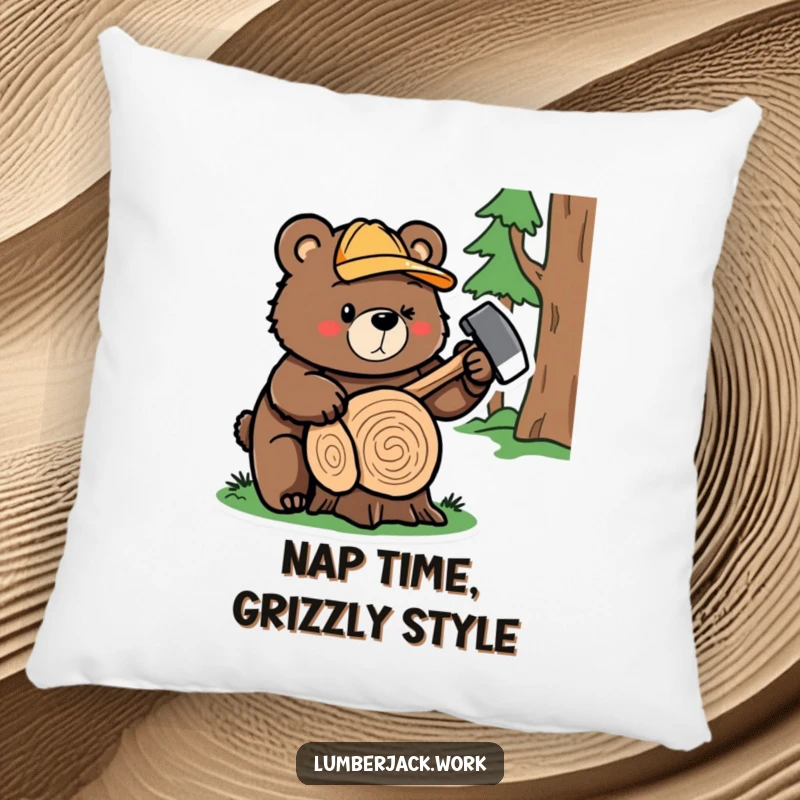 Funny bear lumberjack pillow, a cute bear character ready to chop wood, offering humorous comfort and decor.
