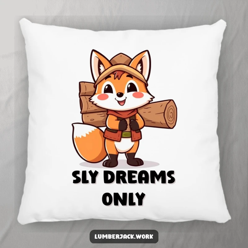 Funny fox lumberjack pillow, a happy fox character carrying wood, providing humorous comfort and charming decor.