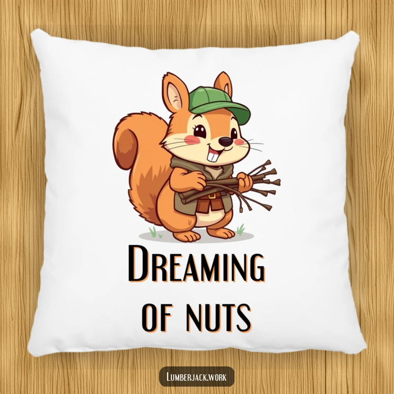 Funny squirrel lumberjack pillow, a cheerful squirrel with twigs, providing humorous comfort and charming decor.