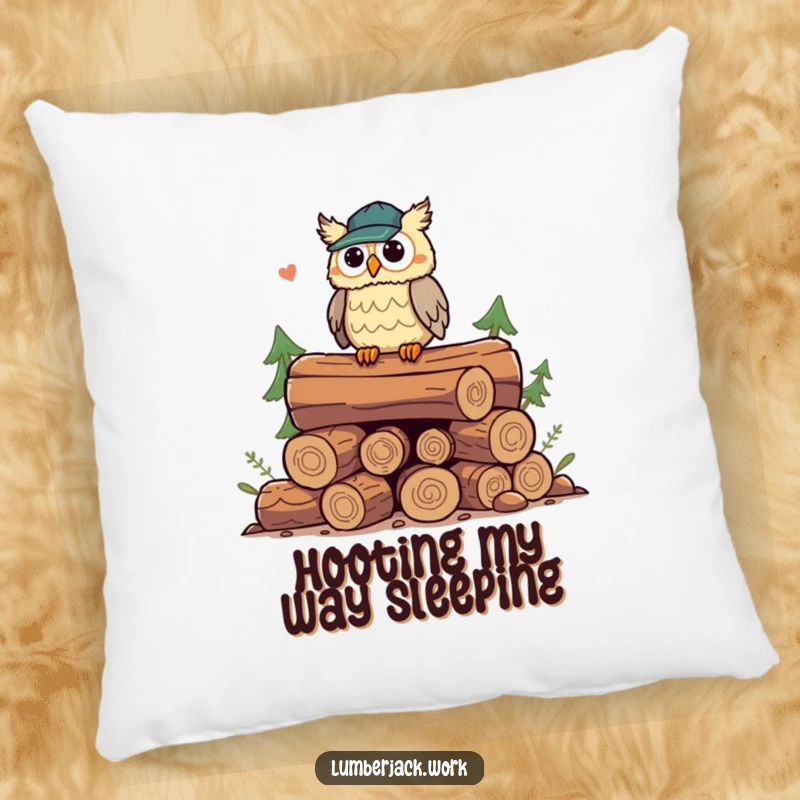 Funny owl lumberjack pillow, a playful owl character on logs, hooting humorously, providing comfort and charming decor.