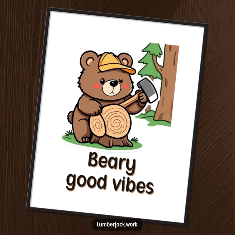 Funny bear lumberjack digital art print, a cute bear character expertly chopping a log, bringing woodland humor to any space.