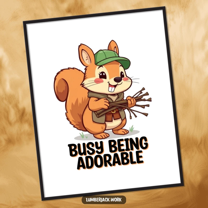 Funny squirrel lumberjack digital art print, a cheerful squirrel carrying twigs, bringing woodland humor and charm to any space.