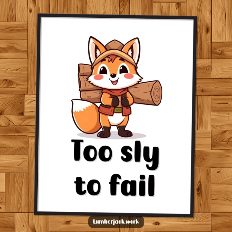 Funny fox lumberjack digital art print, a happy fox character balancing wood, bringing woodland humor and charm to any space.