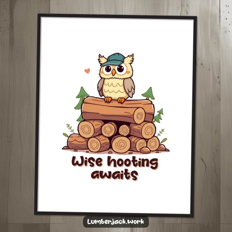 Funny owl lumberjack digital art print, a playful owl on logs, hooting with wisdom, bringing charming woodland humor to any space.