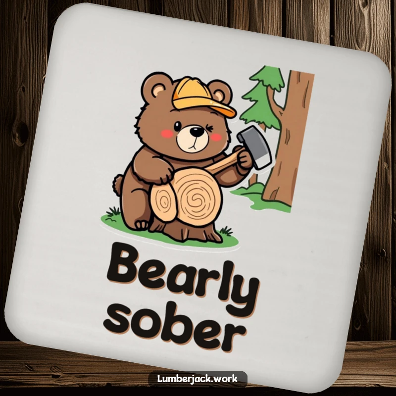 Funny bear lumberjack coaster, a cute bear character with an axe, protecting surfaces with a humorous woodland design.