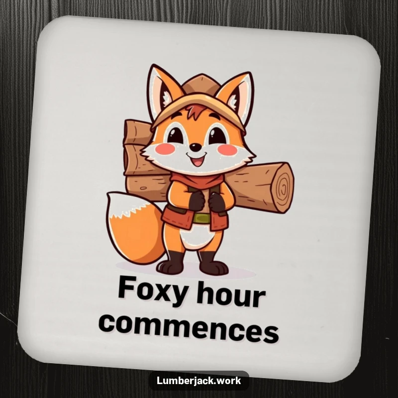 Funny fox lumberjack coaster, a happy fox character loaded with wood, preventing spills with woodland humor.