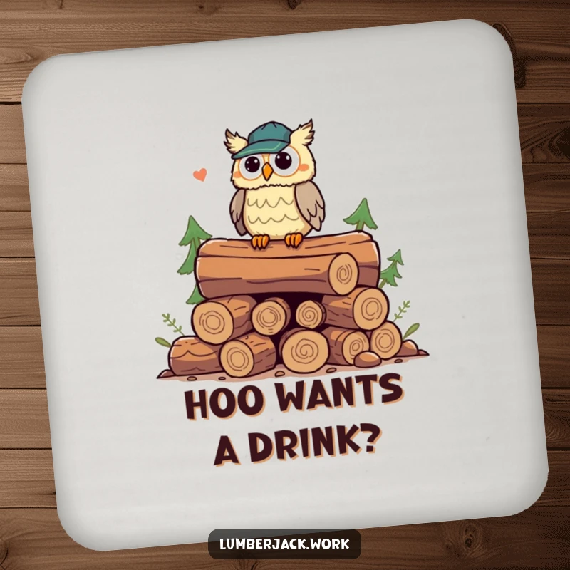 Funny owl lumberjack coaster, a playful owl perched on logs, hooting humorously, guarding surfaces with woodland charm.