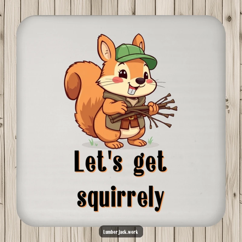Funny squirrel lumberjack coaster, a cheerful squirrel carrying twigs, guarding surfaces with woodland humor.