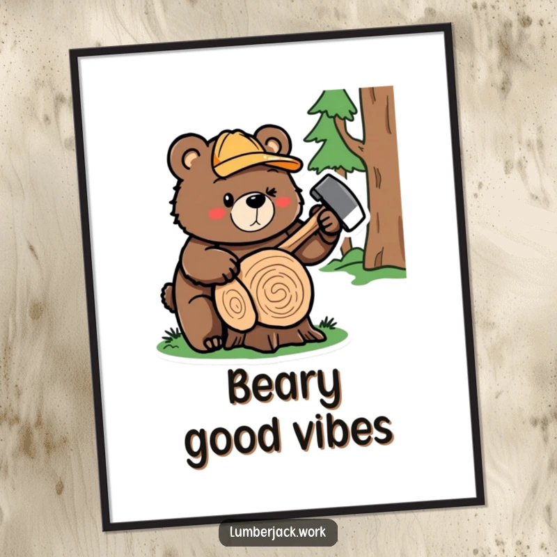 Funny bear lumberjack poster featuring a cute and strong bear character with an axe poised to chop a log, adding humor to walls.
