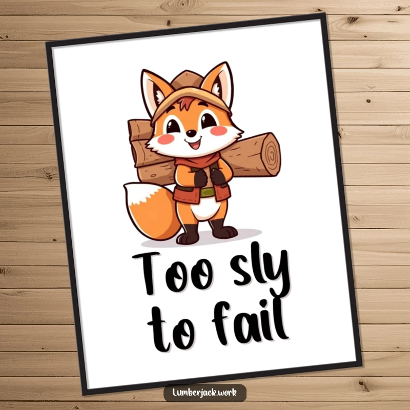 Funny fox lumberjack poster, a happy fox character balancing felled wood, bringing charming woodland humor to any wall.