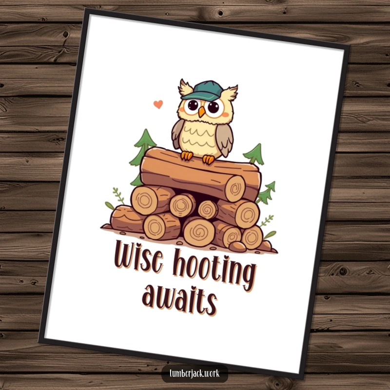 Funny owl lumberjack poster, a playful owl perched on logs, hooting with a wise and comical expression, ideal for wall decor.