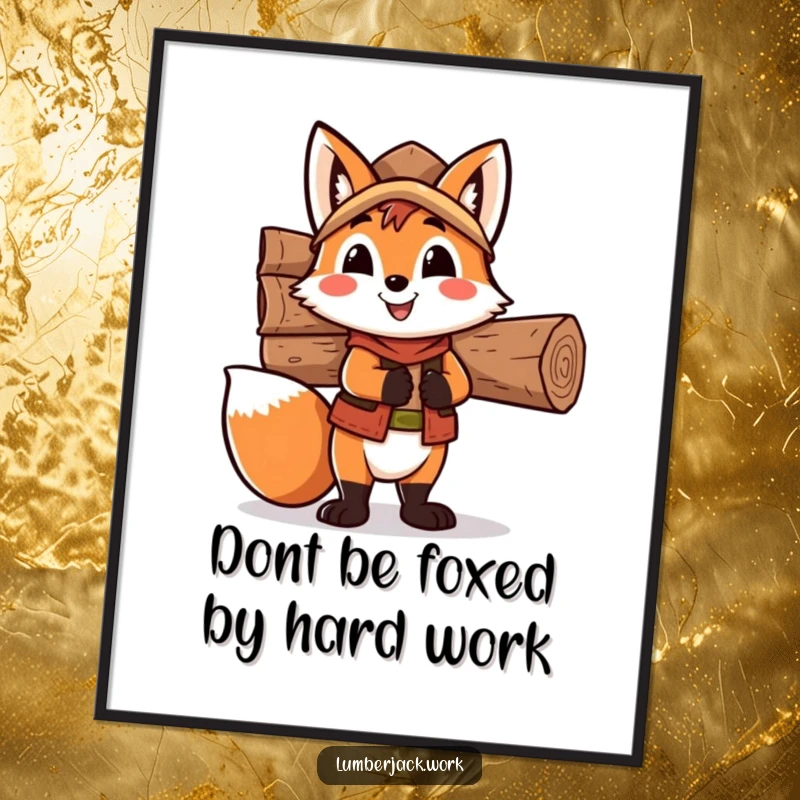 Funny Free Printable Fox Lumberjack Wall Art: A happy fox balancing a stack of wood on its back in a forest.