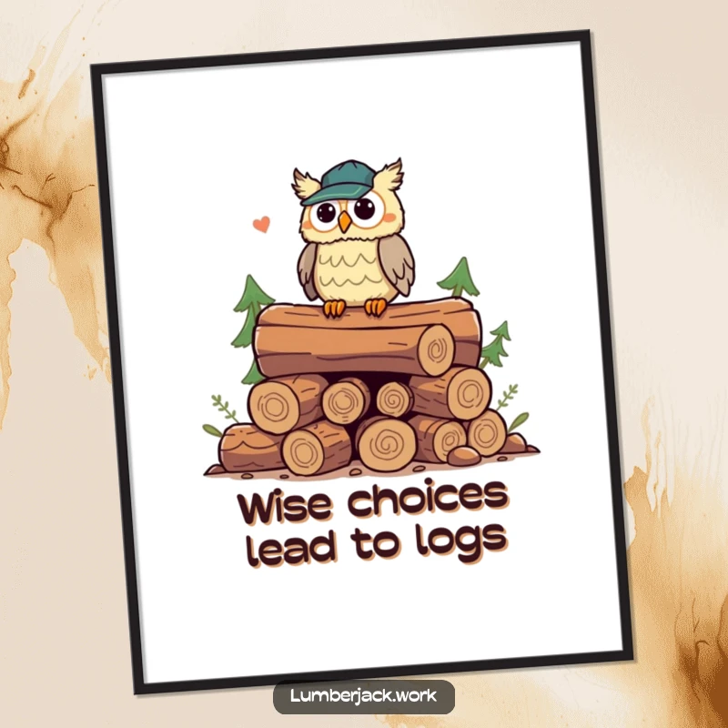 Funny Free Printable Owl Lumberjack Wall Art: A playful owl perched atop a pile of logs, hooting.