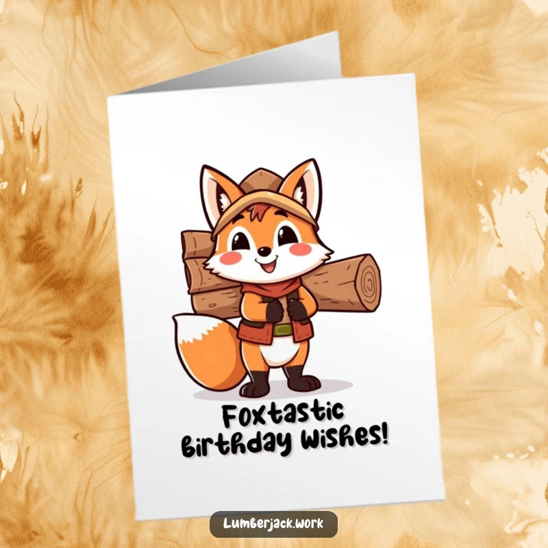Funny Free Printable Fox Lumberjack Birthday Card: A happy fox carrying a stack of wood on its back for a birthday.