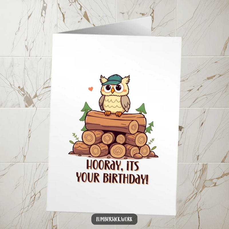 Funny Free Printable Owl Lumberjack Birthday Card: A playful owl hooting from a log pile for a birthday celebration.