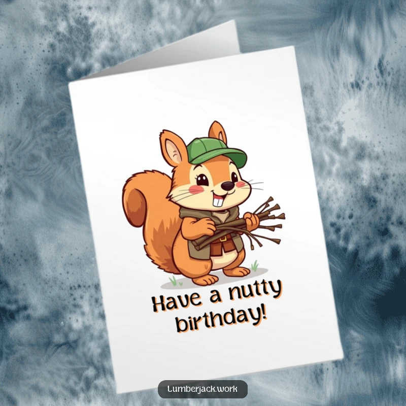 Funny Free Printable Squirrel Lumberjack Birthday Card: A cheerful squirrel carrying twigs for a birthday.