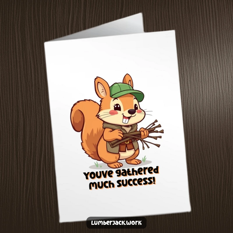 Funny Free Printable Squirrel Lumberjack Congrats Card: A cheerful squirrel carrying twigs to celebrate an achievement.