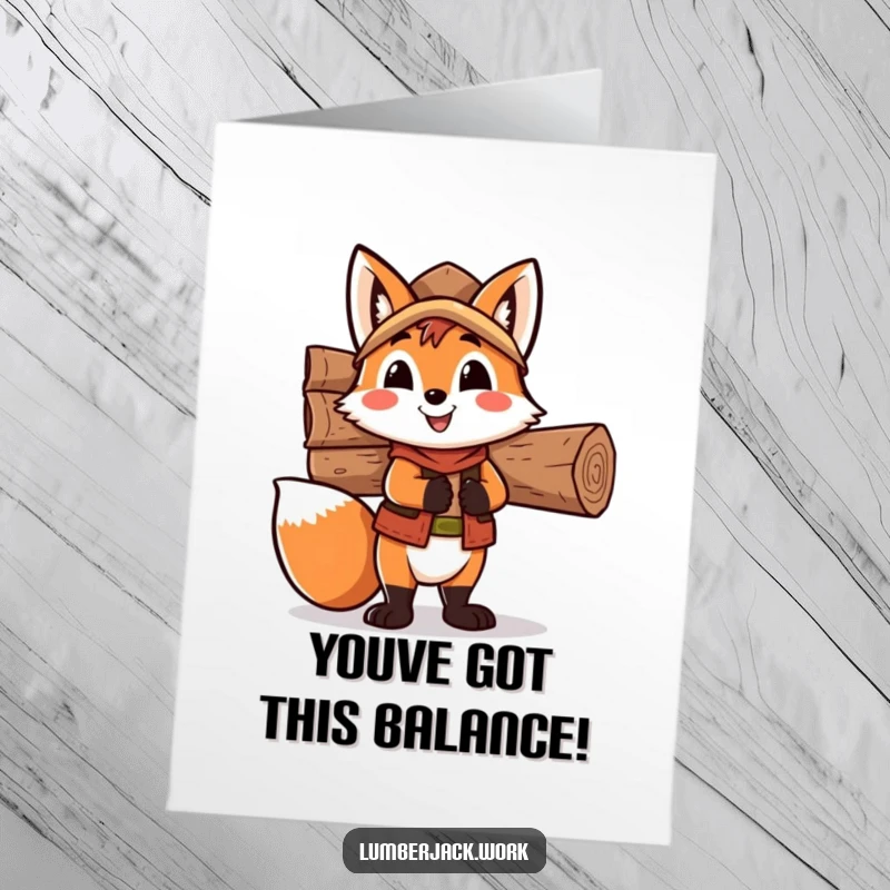 Funny Free Printable Fox Lumberjack Congrats Card: A happy fox balancing wood on its back to celebrate an achievement.