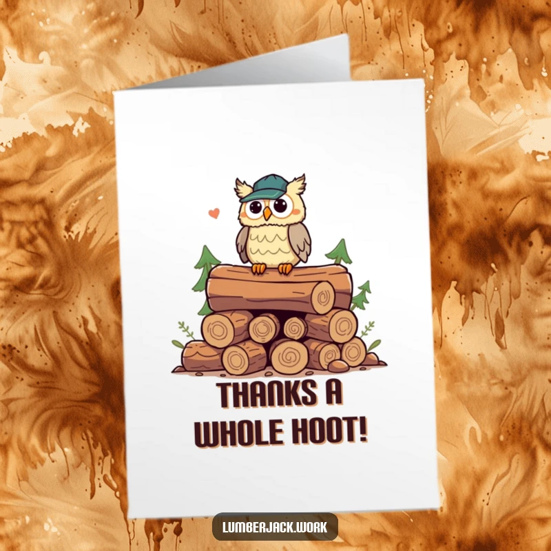 Funny Free Printable Owl Lumberjack Thank You Card: A playful owl hooting from a log pile to express gratitude.