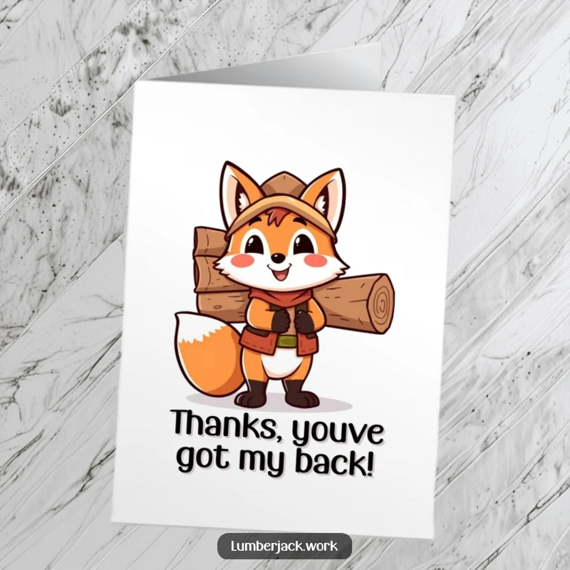 Funny Free Printable Fox Lumberjack Thank You Card: A happy fox carrying wood to express thanks.