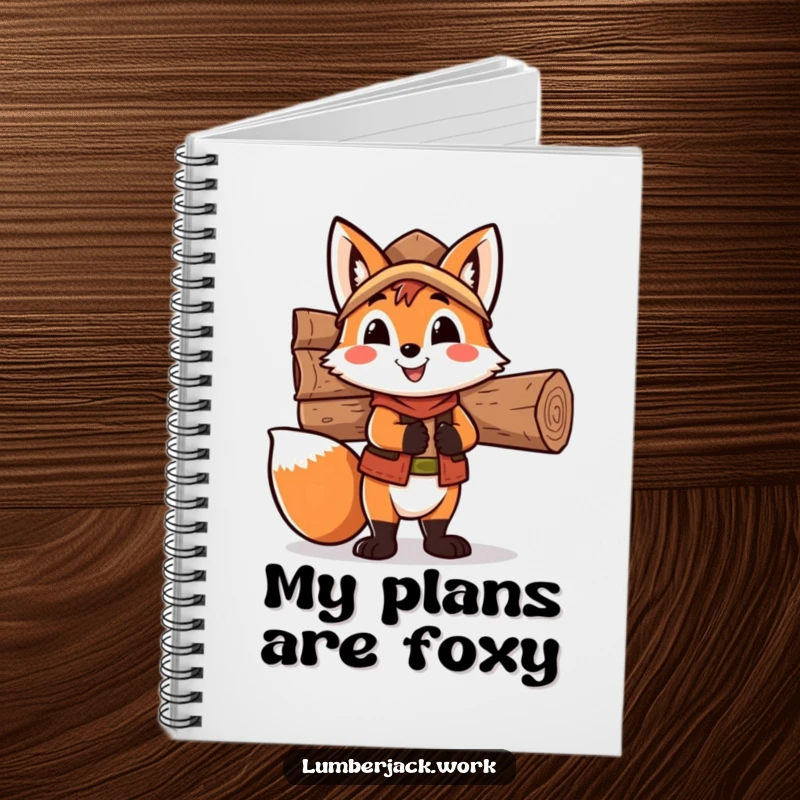 Funny fox lumberjack notebook, a happy fox character balancing wood, ideal for jotting down ideas with woodland humor.