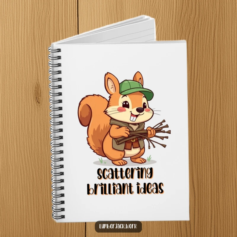 Funny squirrel lumberjack notebook, a cheerful squirrel with twigs, ideal for noting down ideas with woodland humor.