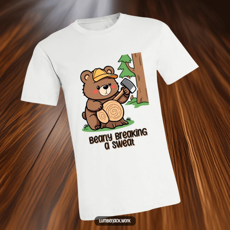 Funny bear lumberjack t-shirt, depicting a cute character with an axe, ready to chop wood with a funny expression.