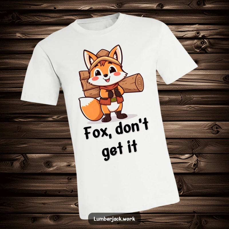Funny fox lumberjack t-shirt, depicting a happy fox character carrying a large pile of logs on its back, showcasing effort and humor.