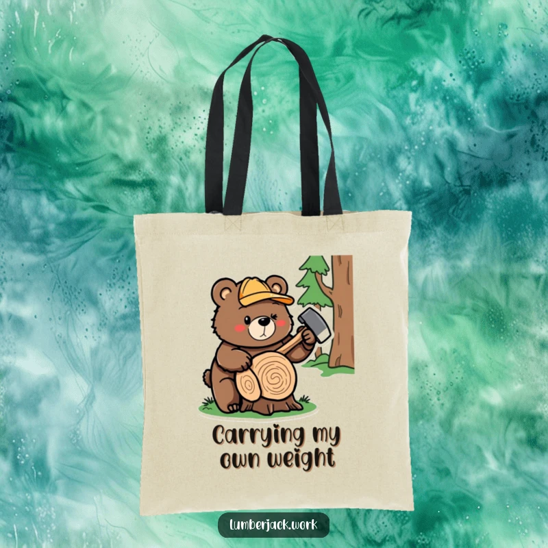 Funny bear lumberjack tote bag, a cute bear character with an axe ready to chop wood, making it a humorous accessory.