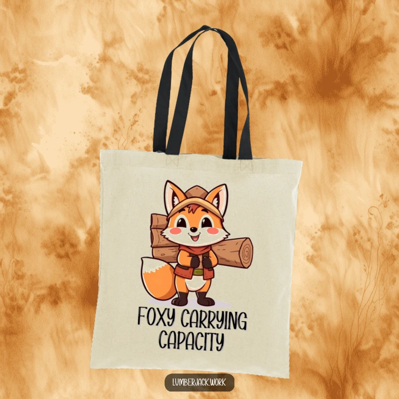 Funny fox lumberjack tote bag, a happy fox character loaded with firewood, making it a humorous and practical accessory.