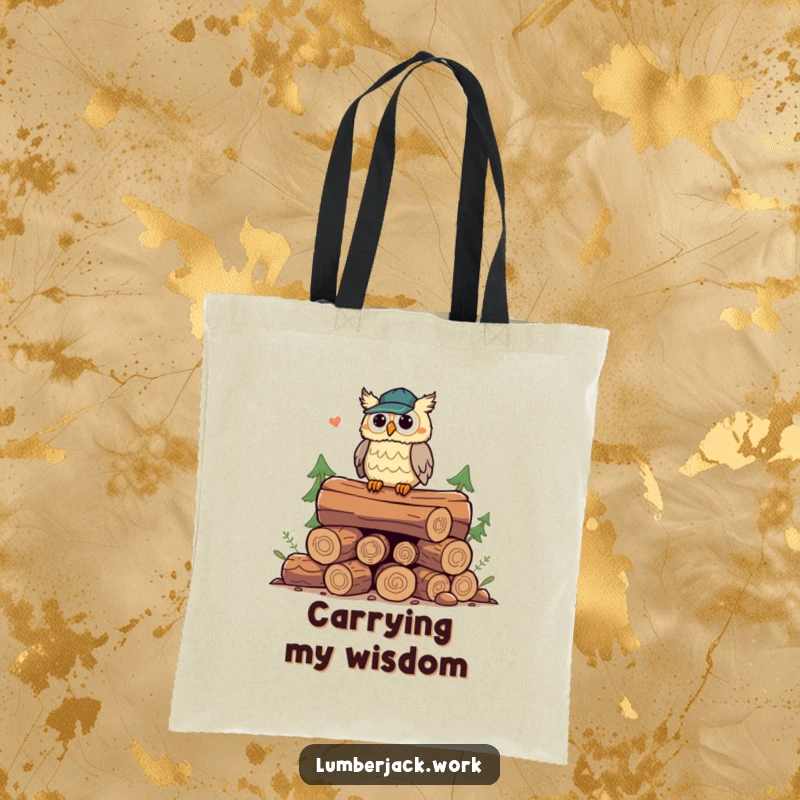 Funny owl lumberjack tote bag, a playful owl character on logs, hooting charmingly, making it a humorous accessory.