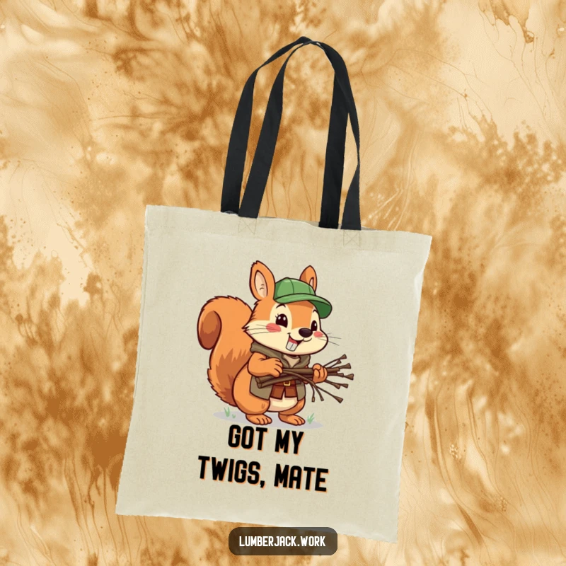 Funny squirrel lumberjack tote bag, a cheerful squirrel carrying twigs, making it a humorous and practical accessory.